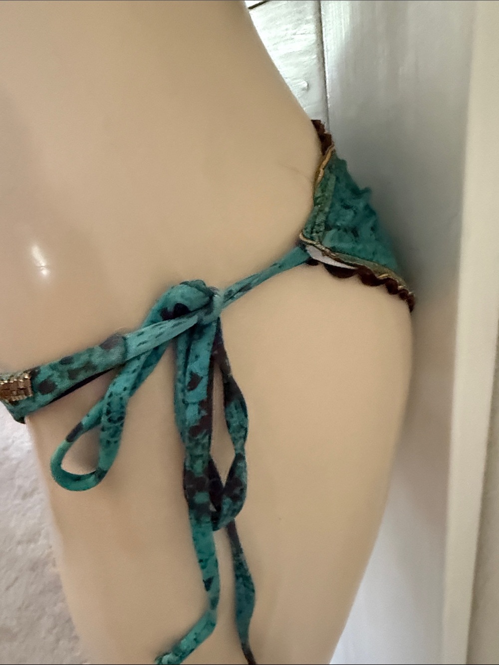 Green Snake Print w Beaded Fringe Tie Bikini Set - Women Swim M - Picture 5 of 11